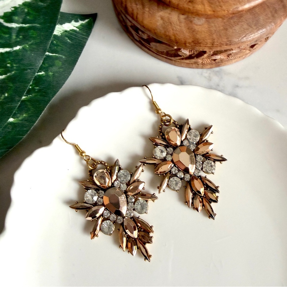 3/$22🩶 Bronze Crystal Art Deco Burst Dangle Earrings Large PREOWNED Boho Jewelry